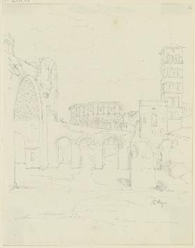 Die Maxentiusbasilika, der Campanile von S. Francesca Romana und das Kolosseum in Rom