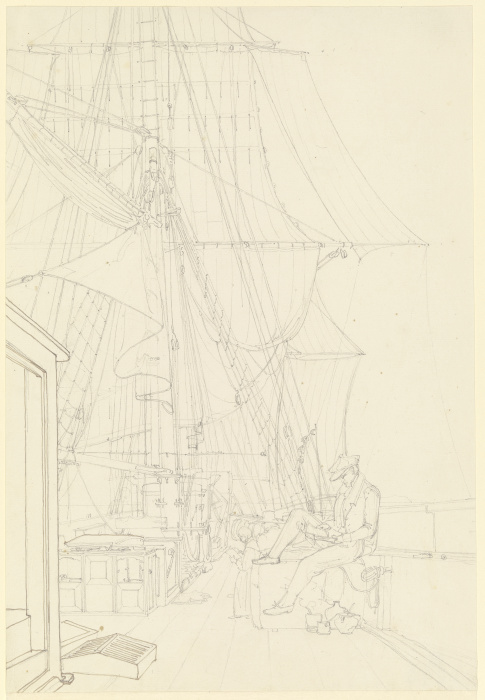 Mitreisender Jüngling lesend auf dem Deck eines Segelschiffes auf der Überfahrt nach Ägypten von Friedrich Maximilian Hessemer
