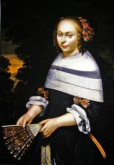 A portrait of a young girl holding a fan, a landscape beyond, c.1650 von Friesian School