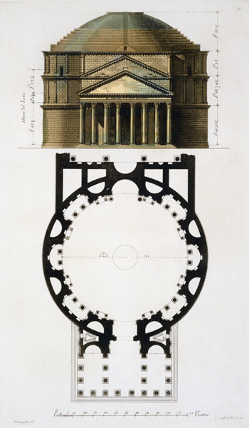 Ground plan and facade of the Pantheon, Rome, from 'Le Costume Ancien et Moderne' by Jules Ferrario, von Fumagalli