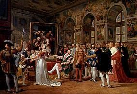 Raphael führt König Franz I. v. Frankreich sein Werk "Hl. Familie" vor von Gabriel Lemonnier