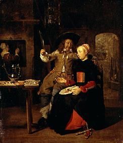 Selbstbildnis mit seiner Frau Isabella de Wolff im Wirtshaus. von Gabriel Metsu
