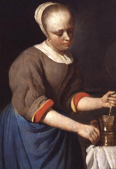 Young girl with a pestle and mortar von Gabriel Metsu