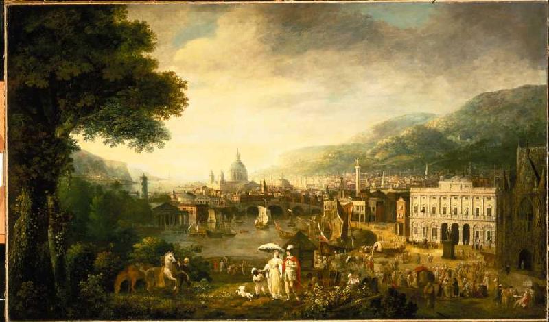 Ansicht von London als mediteraner Hafen und St. Pauls-Kathedrale im Hintergrund. von Gabriele Ricciardelli (Umkreis)