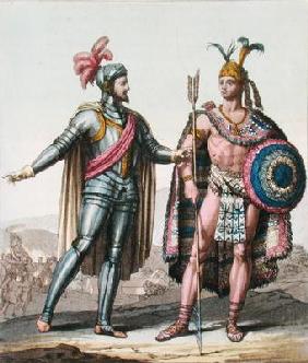 The Encounter between Hernan Cortes (1485-1547) and Montezuma II (1466-1520) from 'Le Costume Ancien 15th