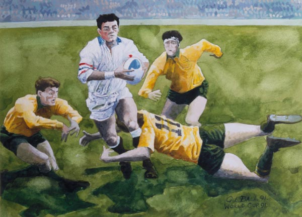 Rugby Match: England v Australia in the World Cup Final, 1991, Will Carling being tackled (w/c)  von Gareth Lloyd  Ball