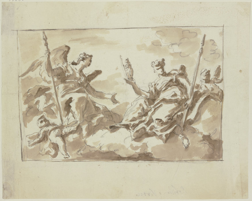 Zwei allegorische Frauenfiguren mit Putten auf Wolken (Virtù und Nobilità) von Gaspare Diziani