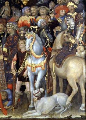 The Adoration of the Magi, detail of riders, horses and dog 1423