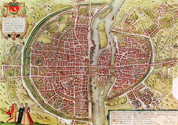Map of Paris from 'Civitates orbis terrarrum' by Georg Braun (1541-1622) and Franz Hogenbergh (1540- von Georg Braun