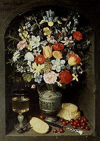 Blumenstrauß in silbernem Krug in einer Nische stehend. von Georg Flegel