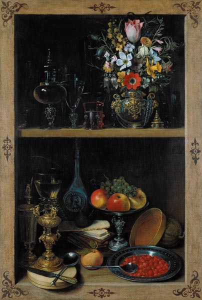 Regal mit Blumenvase und Früchten von Georg Flegel