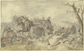 Kavallerieangriff gegen Infanterie, rechts ein sterbender Tambour