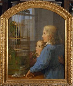 Zwei Kinder vor einem Papageienbauer 1835