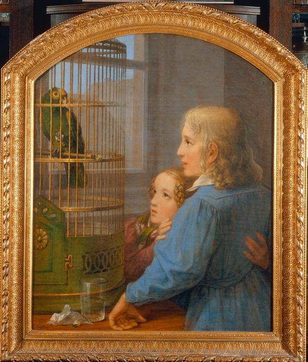 Zwei Kinder vor einem Papageienbauer von Georg Friedrich Kersting