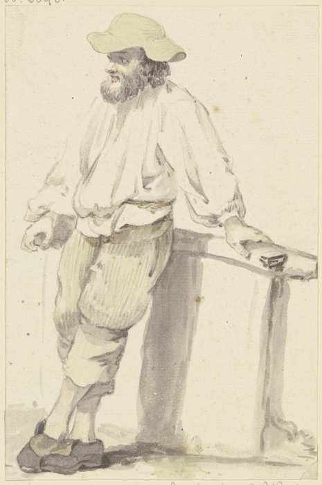Bärtiger Mann mit flachem Hut, an ein Geländer gelehnt von Georg Melchior Kraus