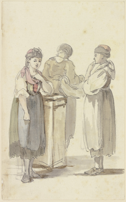 Drei stehende Bäuerinnen, die linke von vorne, die mittlere vom Rücken, die rechte im Profil nach li von Georg Melchior Kraus