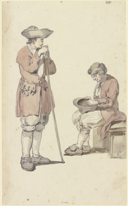Ein junger und ein alter Schweizer Bauer, der junge stehend mit einem Stab, der alte sitzend von Georg Melchior Kraus