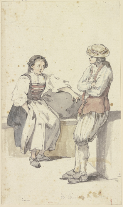 Junges Bauernpaar in Zürich, das Mädchen sitzend, der Bauer stehend von Georg Melchior Kraus