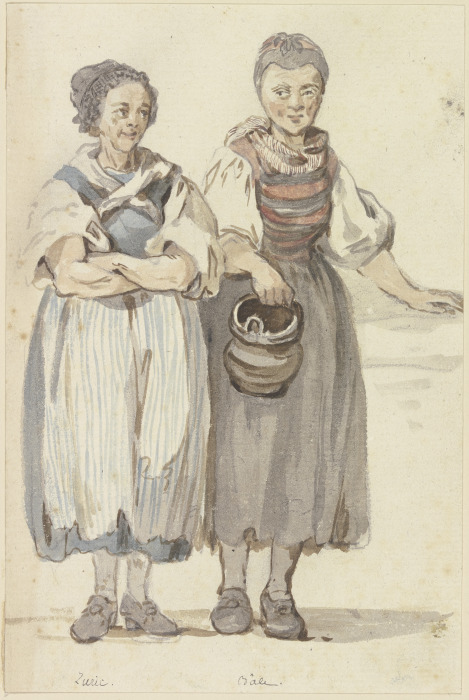 Zwei stehende Schweizer Bäuerinnen, von vorne gesehen von Georg Melchior Kraus