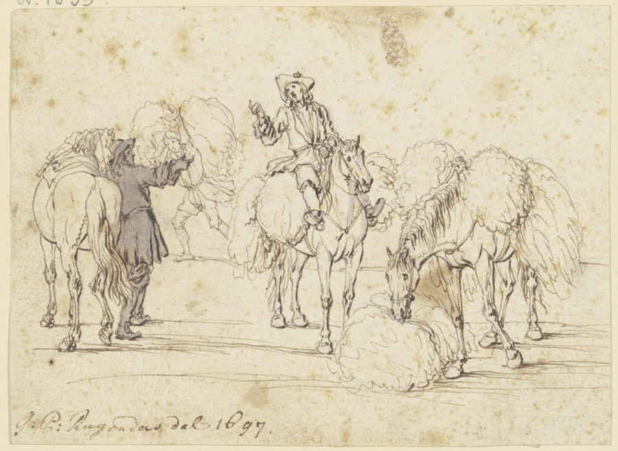Zwei furagierende Reiter mit drei Pferden von Georg Philipp Rugendas d. Ä.