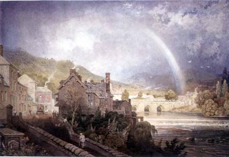 Village and Bridge of Llangollen, North Wales, with Rainbow Effect von George Barret