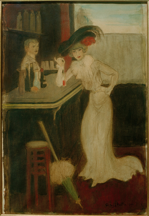 Frau mit Sonnenschirm an der Bar von George Bottini