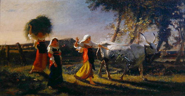 Italian Peasant Women in the Campagna driving an Ox (oil on canvas) von George Hemming Mason