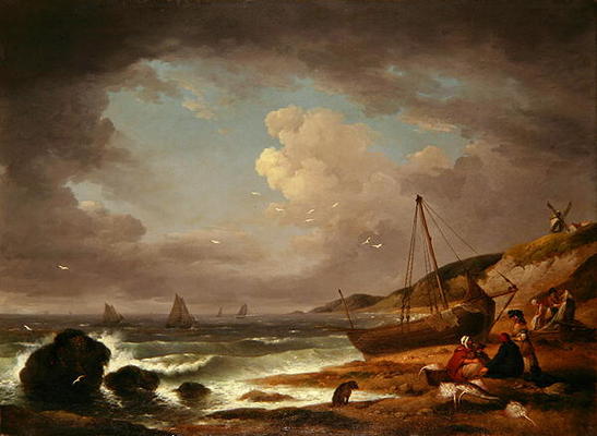 Coastal Scene with Men Mending a Boat (oil on canvas) von George Morland