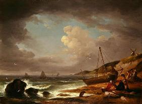 Coastal Scene with Men Mending a Boat (oil on canvas) 1802