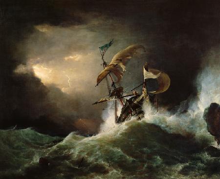 A First rate Man-of-War driven onto a reef of rocks, floundering in a gale