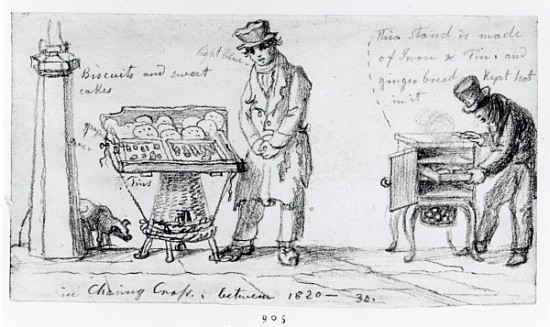 Biscuit and Gingerbread stalls at Charing Cross, 1820-30 von George the Elder Scharf