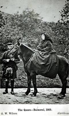 Queen Victoria (1819-1901) on horseback at Balmoral , 1863 (b/w photo) 17th
