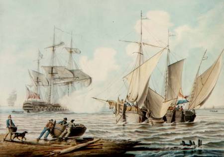 Dutch Pinks and a British Man-o'-War off a Coastline von George Webster