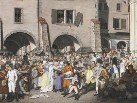 Belebter Marktplatz in Prag 1804