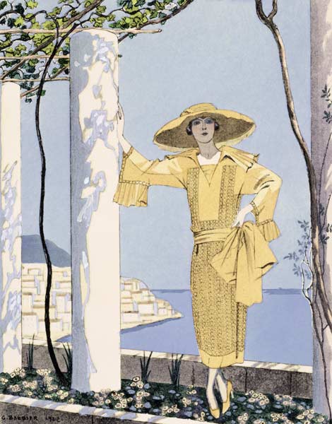 Amalfi, illustration of a woman in a yellow dress by Worth, 1922 (pochoir print) von Georges Barbier