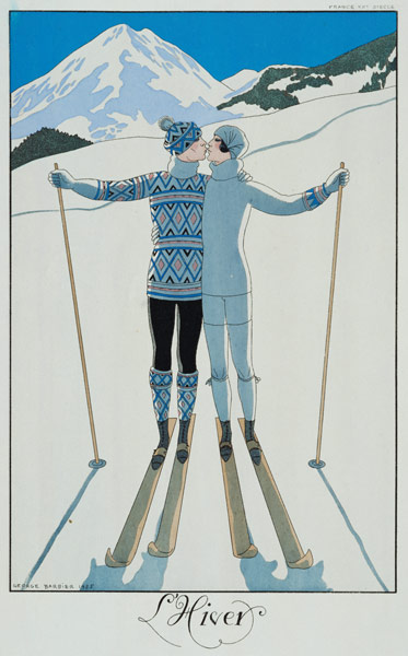 Winter: Lovers in the Snow, fashion plate from 'Twentieth Century France', 1925 (colour litho) von Georges Barbier
