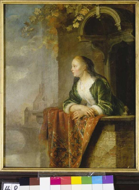 Junge Frau auf einem Balkon von Gerard Dou