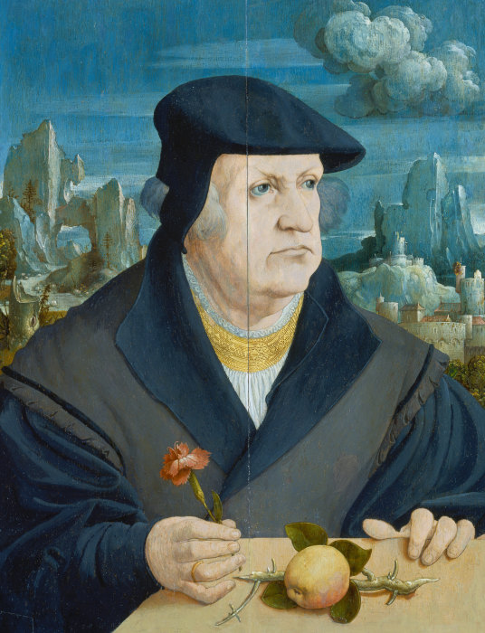Bildnis eines Mannes mit Nelke vor einer Landschaft von Gerlach Flicke