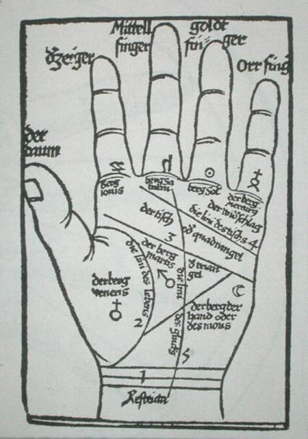 Chiromantic hand, illustration from 'Physiognomonia' by B. Cocles, published in Strasbourg von German School