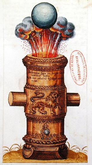 Raised cannon firing a cannonball, from ''The Art of Artillery'' von German School
