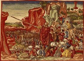 Moses parting the Red Sea, image from the Luther Bible (hand coloured print)