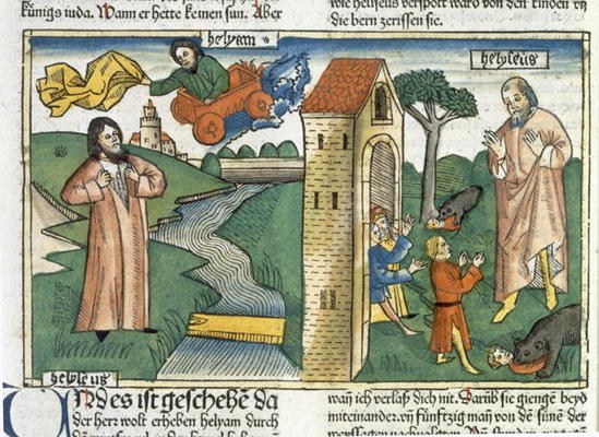 2 Kings 2 1-24 Elijah ascends to Heaven in a whirlwind and the boys who mocked Elisha are eaten by b von German School, (15th century)