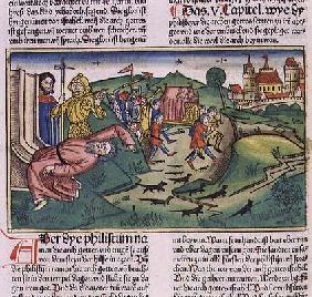 I Samuel 5:1-11 The Philistines seize the Ark and are struck by the plague (coloured woodcut) 19th