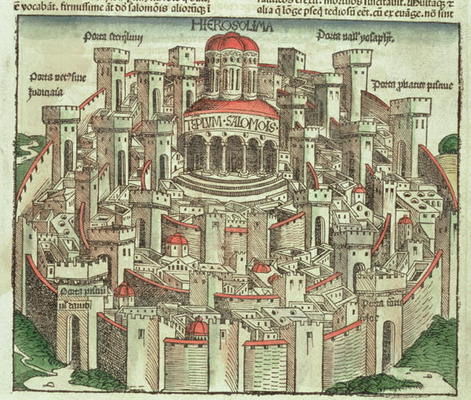 View of the walled city of Jerusalem showing the Temple of Solomon and the city gates, from the Nure von German School, (15th century)