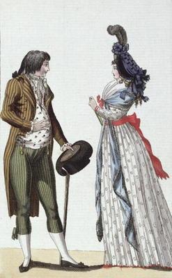 Fashionable couple of the Directoire period (1795-99) (colour engraving) 20th
