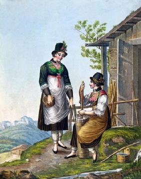 Dairymaids in the Alps near Tegernsee, early 19th century (colour engraving) 1818