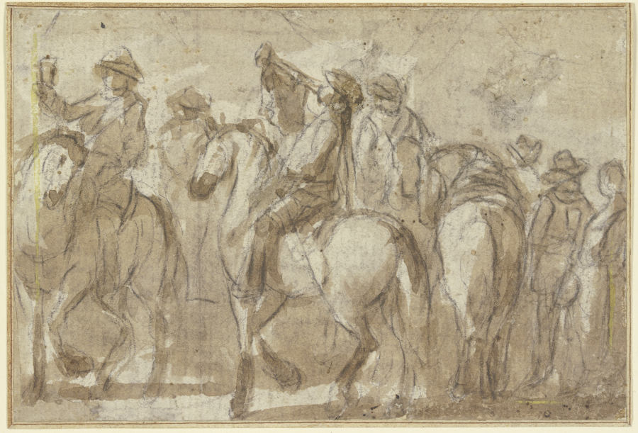 Blasender Trompeter zu Pferde, umgeben von mehreren Reitern von Giacomo Cortese