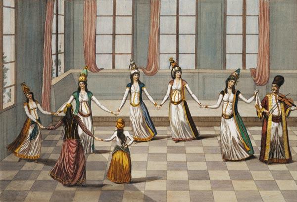 Dance that is fashionable with the Greek women of Constantinople, led by the woman holding a handker 14th