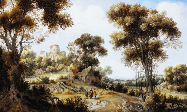 An Extensive Wooded Landscape with Christ on the Road to Emmaus von Gillis Claesz d' Hondecoeter