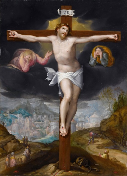 Christus am Kreuz mit zwei Engeln von Gillis Mostaert